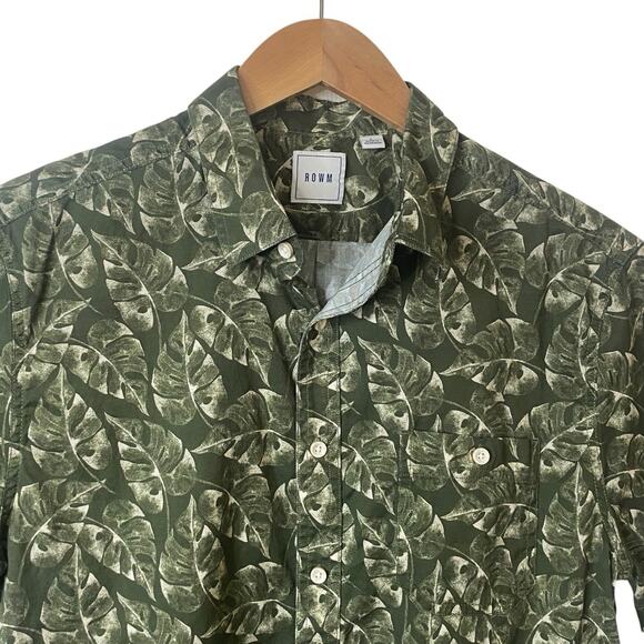 Rowm Mens Size Large Green Leaf Print Button Up Shirt Short Sleeve Lightweight - Picture 2 of 7